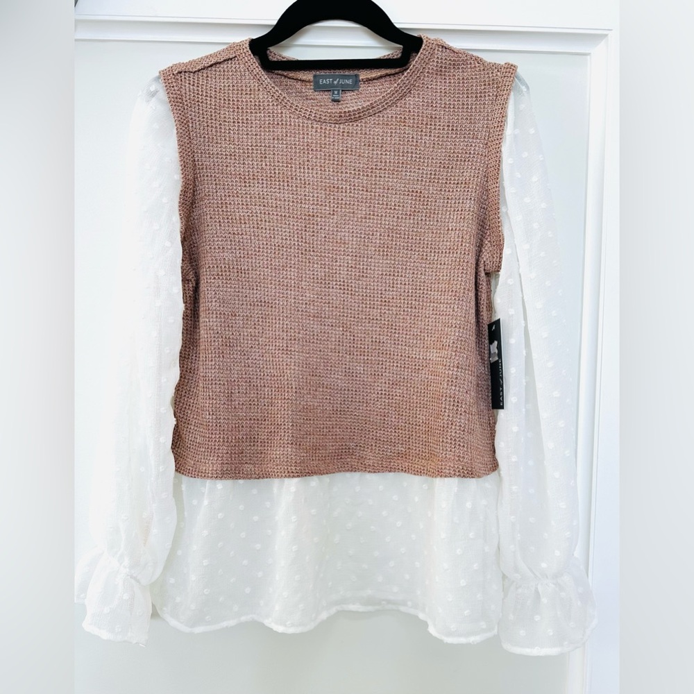 NWT!!  East of June flirty knit vest with mock French sheer polka under-blouse.